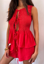 Women Sleeveless Tie Top and Shorts Two Piece Set