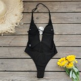 Women Solid V Neck Backless One-Piece Swimwear