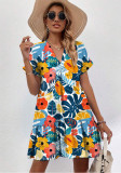 Women Short Sleeve V-Neck Summer Print Dress