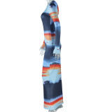 Women Printed Round Neck Long Sleeve Bodycon Dress
