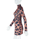 Women Elegant Printed Leopard Sexy Bodycon Stand Collar Long Sleeve Dress