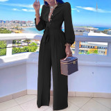 Women Solid Casual Shirt Collar Jumpsuit with Belt