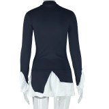 Women High Neck Bell Bottom Sleeve Fake Two-Piece Dress