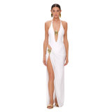 Women Solid V Neck Backless One-Piece Swimwear