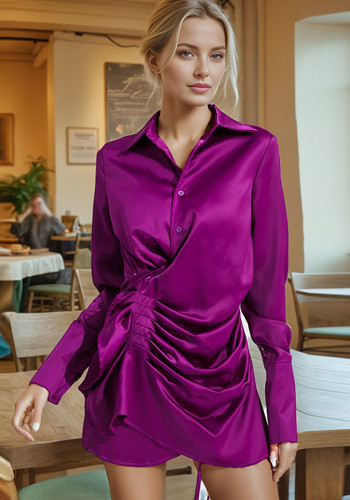 Women Sexy Satin Pleated Design Solid Dress