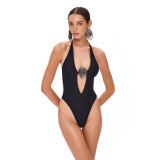 Women Solid V Neck Backless One-Piece Swimwear