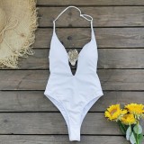 Women Solid V Neck Backless One-Piece Swimwear
