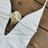 Women Solid V Neck Backless One-Piece Swimwear