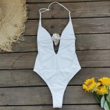 Women Solid V Neck Backless One-Piece Swimwear