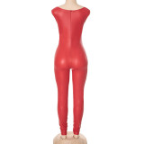 Women Solid Square Neck Zipper Sleeveless Stretchy Jumpsuit