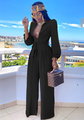 Women Solid Casual Shirt Collar Jumpsuit with Belt