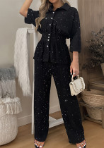 Women 3/4 Sleeve Stand Collar Long Sleeve Top + Pants Two Piece Set Women 3/4 Sleeve Stand Collar Long Sleeve Top + Pants Two Piece Set