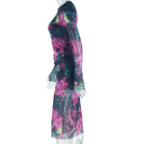 Women Elegant Printed Bodycon Round Neck Long Sleeve Dress