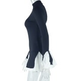Women High Neck Bell Bottom Sleeve Fake Two-Piece Dress