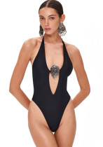 Women Solid V Neck Backless One-Piece Swimwear
