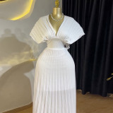 Women Spring Elegant Pleated V-Neck Bat Sleeves Dress