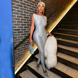 Women Solid Square Neck Zipper Sleeveless Stretchy Jumpsuit