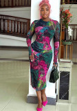 Women Elegant Printed Bodycon Round Neck Long Sleeve Dress