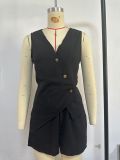 Women Summer Solid Casual V-Neck Vest and Shorts Two Piece Set