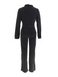 Women Solid Casual Shirt Collar Jumpsuit with Belt