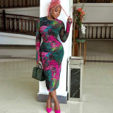 Women Elegant Printed Bodycon Round Neck Long Sleeve Dress