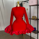 Women Spring Elegant Half-High Neck Bell Bottom Sleeve Ruffle Bodycon Dress