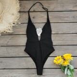 Women Solid V Neck Backless One-Piece Swimwear