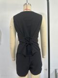 Women Summer Solid Casual V-Neck Vest and Shorts Two Piece Set