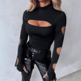 Women Sexy Heart Print Hollow long sleeve top