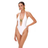 Women Solid V Neck Backless One-Piece Swimwear
