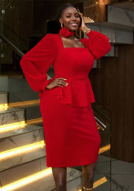 Women Elegant Party Square Neck Lantern Sleeve Ruffle Dress