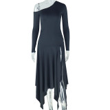 Women Style Solid Irregular Slash Shoulder Off Shoulder Long Sleeve Dress