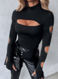 Women Sexy Heart Print Hollow long sleeve top