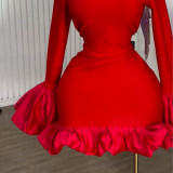 Women Spring Elegant Half-High Neck Bell Bottom Sleeve Ruffle Bodycon Dress