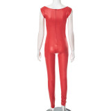 Women Solid Square Neck Zipper Sleeveless Stretchy Jumpsuit