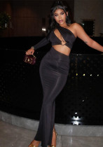 Women Solid Hollow Asymmetric One Shoulder Slash Shoulder Dress