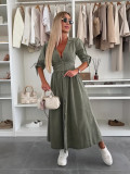 Women V-neck Short Sleeve Denim Button Dress