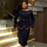 Women African U-neck Bell Bottom Sleeve Contrast Color Bodycon Dress