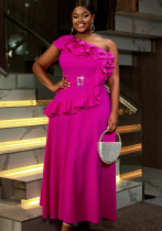 Women Slash Shoulder Sleeveless Formal Party Ruffle Edge Dress