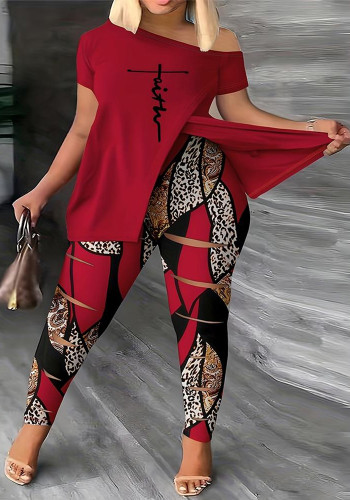 Women printed short-sleeved Top and Pants Two Piece Set