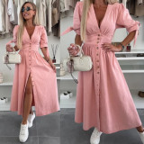 Women V-neck Short Sleeve Denim Button Dress