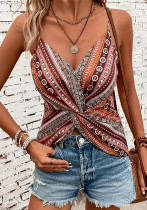 Women Retro Italian Print Chain Print Sexy V-Neck Top Women Retro Italian Print Chain Print Sexy V-Neck Top