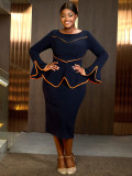 Women African U-neck Bell Bottom Sleeve Contrast Color Bodycon Dress