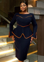 Women African U-neck Bell Bottom Sleeve Contrast Color Bodycon Dress