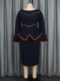 Women African U-neck Bell Bottom Sleeve Contrast Color Bodycon Dress