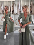 Women V-neck Short Sleeve Denim Button Dress