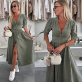 Women V-neck Short Sleeve Denim Button Dress