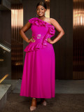 Women Slash Shoulder Sleeveless Formal Party Ruffle Edge Dress