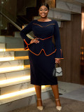 Women African U-neck Bell Bottom Sleeve Contrast Color Bodycon Dress