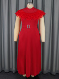 Women Mesh Patchwork Ruffle Edge Pleated Formal Party Dress
